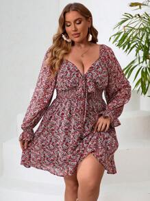 SHEIN VCAY 大码花卉印花甜心领收腰连衣裙 - 彩色 - 查看 6