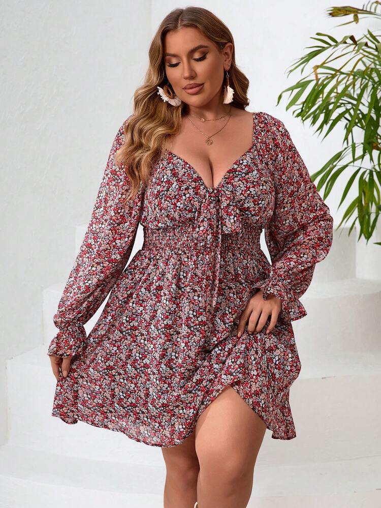 Plus Size Floral Print Sweetheart Neck Dress With Cinching Waist
