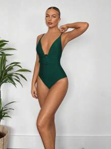 SHEIN Swim Của phụ nữ Màu thuần Đồ bơi một mảnh Với Dây đai mỏng - màu xanh lá - Xem 4