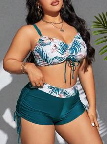 Swim Lushoire Summer Beach Plus Size Tropical Print Bikiniset med dragskodetaljer - Multifärgad - Visa 3