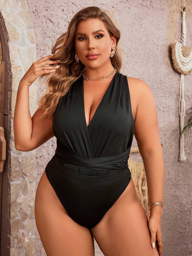 Plus Size Deep V-Neck Criss-Cross Open Back Bodysuit