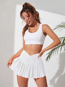 CourtClass 纯色 V 腰褶皱运动裙网球裙 - 白色 - 查看 4