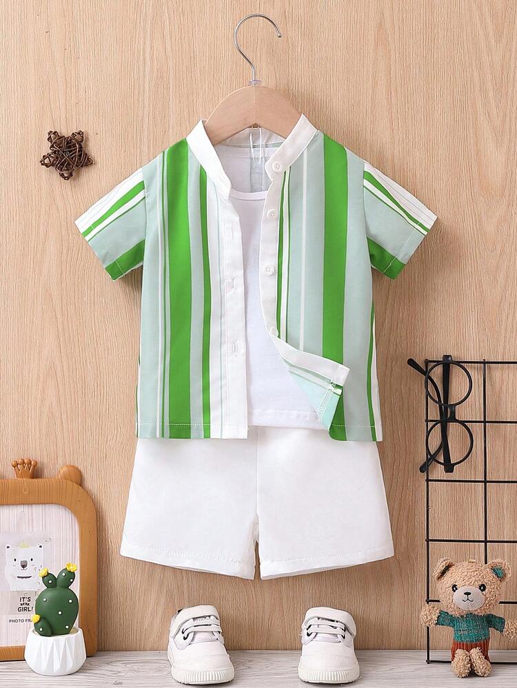 Baby Boy Color Block Striped Short Sleeve Button-Front Shirt And Shorts