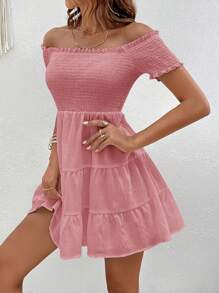 SHEIN VCAY Off Shoulder Ruffle Hem Solid Summer Dress - Pink - View 3
