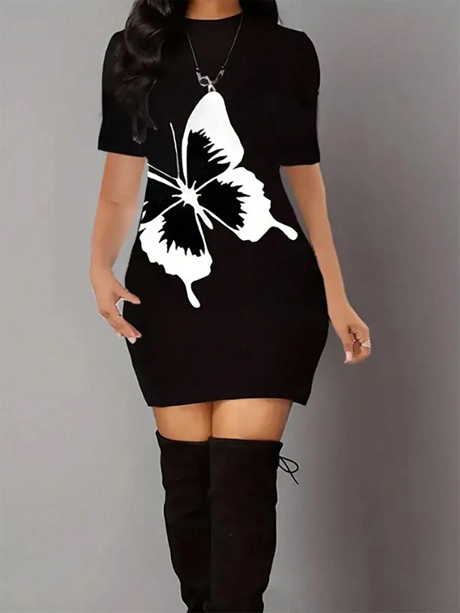 INAWLY Ladies' Butterfly Print Short Sleeve Slim Fit Bodycon Dress