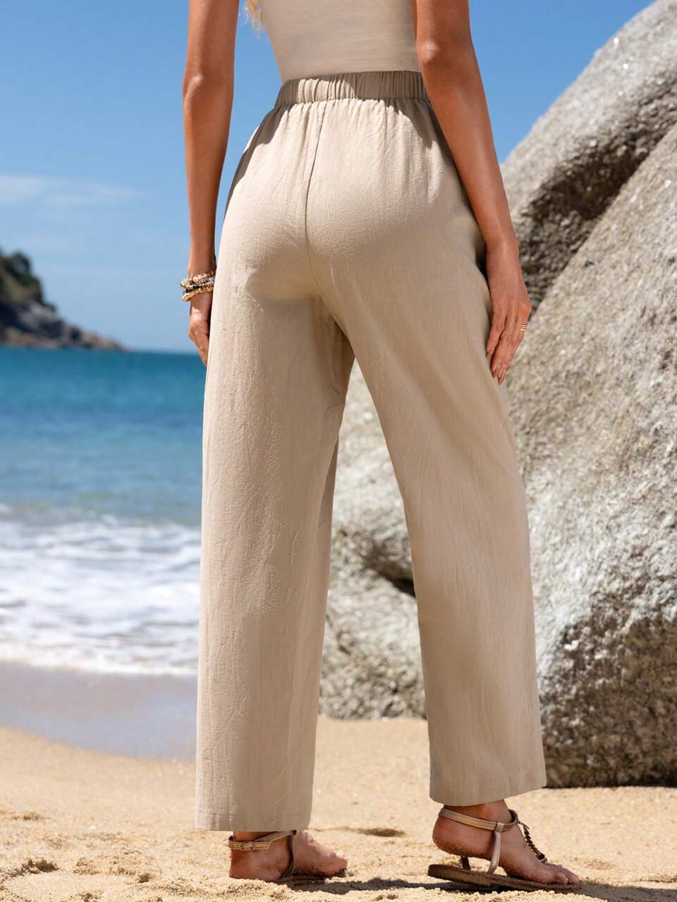 Women's Casual Tie-Waist Elasticized Straight Fit Pants Cotton Khaki Bottoms Summer