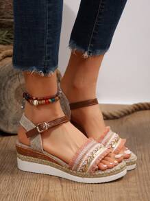 Sandali Multicolore Platform Con Tacco Zeppa Spessa Da Donna Con Suola In Corda Di Iuta, Estate