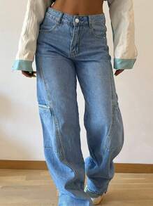 Pantalones rectos de mezclilla para mujer con efecto de empalme al estilo novio - Lavado ligero - Ver 8