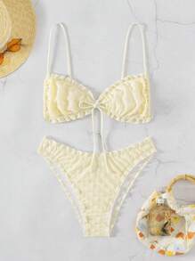 Swim Mod Summer Beach Tie Back Frill Trimmed Ornament Bikini Set - Apricot - View 1