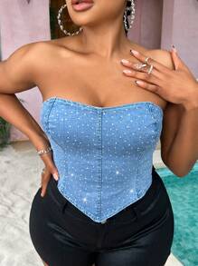 SHEIN SXY 大尺碼夏季休閒度假鑽石裝飾不對稱下擺無肩帶上衣,適用於音樂節服裝 - 藍色 - 查看 5