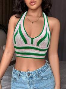 SHEIN Unity Ladies' Striped Halter Knit Top - Green - View 1