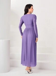Modelyn Women's Solid Color Pleated Elastic Waist Bubble Sleeve Dress Long Evening Dresses - Lilac Purple - View 2