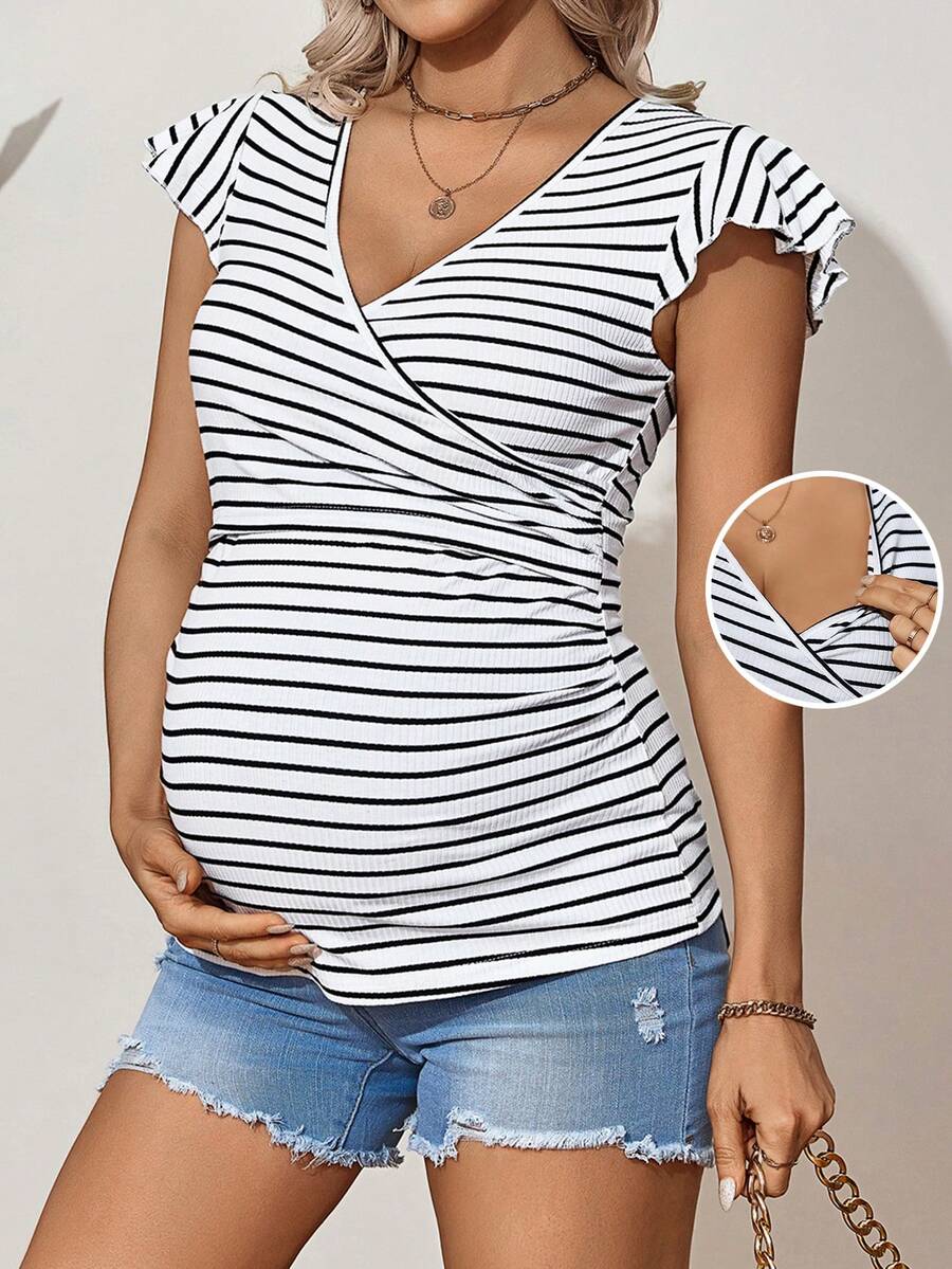 SHEIN Maternity Striped Ruffle Armhole Nursing T-Shirt - Black and White - View 1