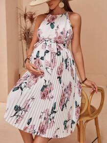 SHEIN Maternity Summer City Casual Floral Printed Pleated Hem Halter Neck Dress - White - View 1