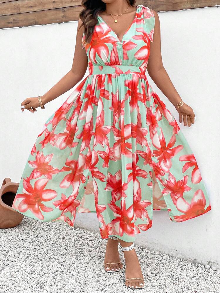 Plus Size Women's Floral Print V-Neck Sleeveless Belted Dress