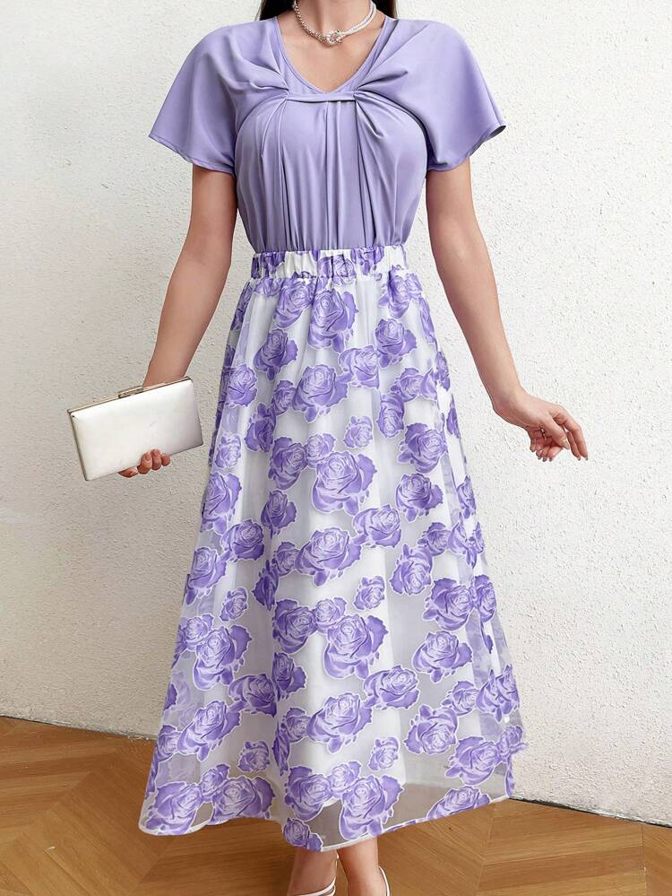 Ladies' Round Neck Pleated Batwing Sleeve Top & Floral Printed Skirt Combo 2 Pieces Set