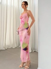 Aloruh Elegant Tie-Dye Printed Pleated Cross Back Long Sexy Bodycon Dress For Spring/Summer, Suitable For Vacation, Outing, Music Festival, Shopping, Dating