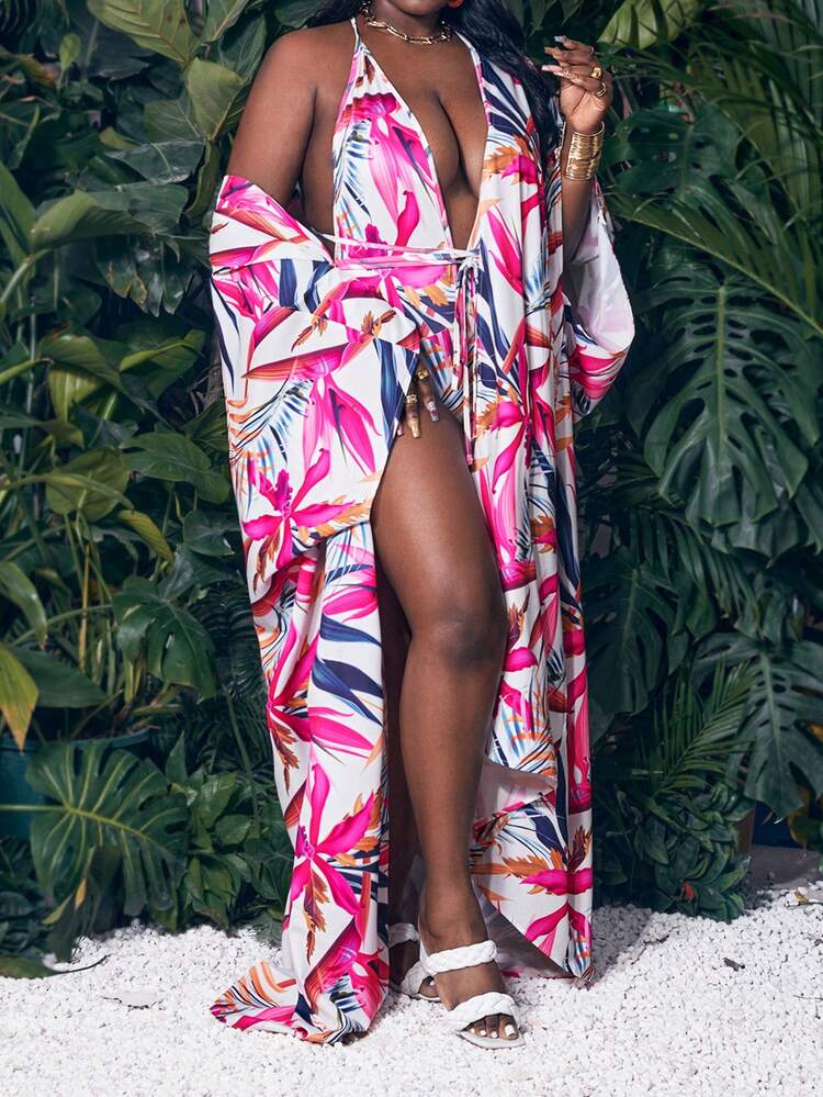 2pcs/Set Women's Plus Size Hollow Out Cover Up With Headband, Featuring Bat Sleeves, And Jumpsuit With Tropical Plant Pattern For Vacation