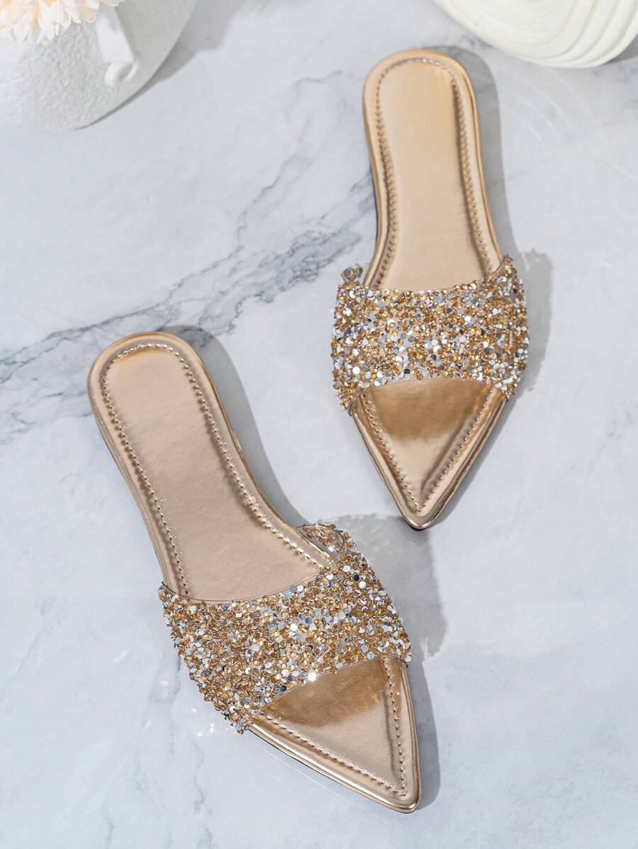Women's Elegant Fashion Pointed Toe Glass Crystal Embellished Champagne Flats,Spring Summer Outfits
