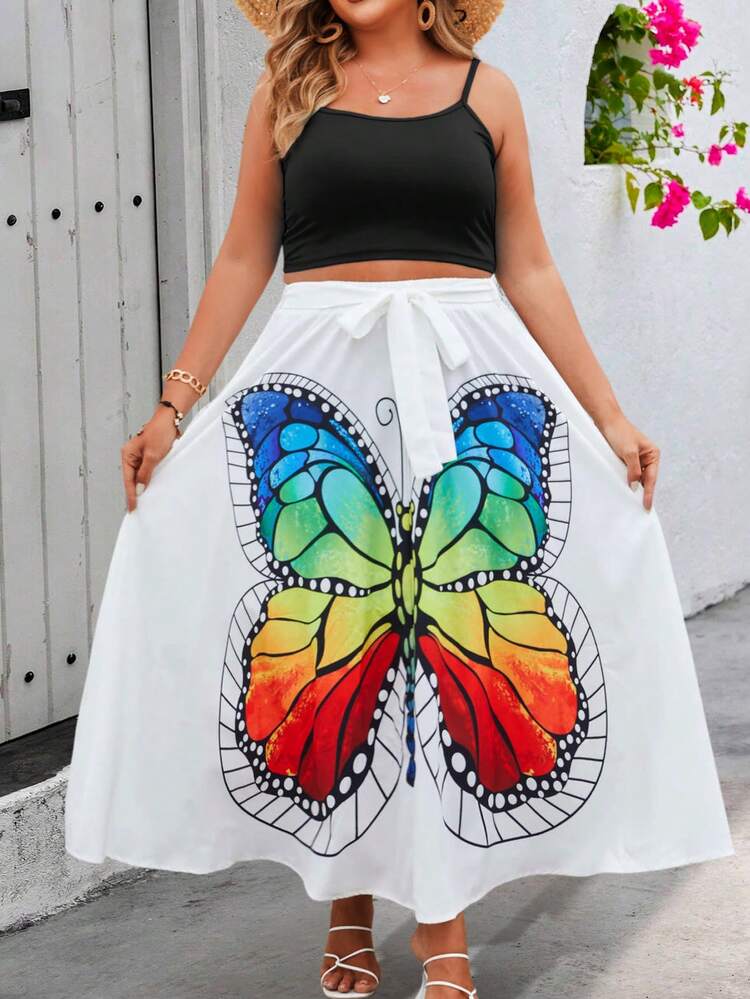Plus-Size Solid Color Camisole Top And Butterfly Printed Skirt Two-Piece Set