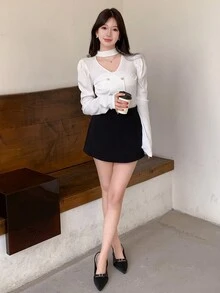 DAZY Women's Solid Color Double Breasted Bubble Sleeve T-Shirt - White - View 2