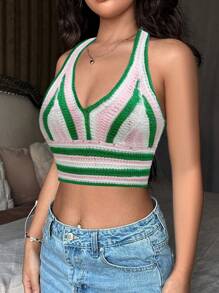 SHEIN Unity Ladies' Striped Halter Knit Top - Green - View 5