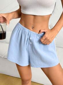 SHEIN EZwear 女士純色彈性腰短褲 - 藍色 - 查看 3