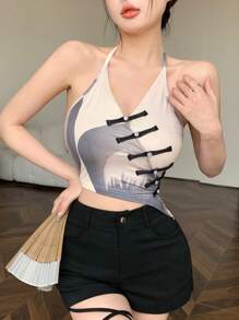 DAZY Áo croptop ôm dáng, cổ yếm, cài cúc bất đối xứng dành cho nữ. - Xám - Xem 7