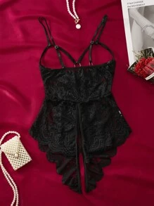 1 件女士性感内衣蕾丝网眼透视开裆紧身衣，坏蛋造型 - 黑色 - 查看 3