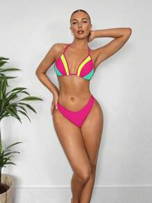 SHEIN Swim Women's Color Block Halter Tie Bikini Set Summer - Multicolor - View 3