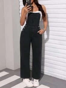 SHEIN PETITE Women's Denim Overalls With Pockets - Black - View 1