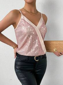 SHEIN Privé Women's Sparkly Sequin Patchwork Camisole Top - Gold - View 5