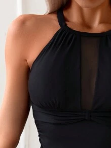SHEIN Swim 女士纯色撞色网眼褶皱吊带上衣和下装泳衣套装，适合旅行、度假、泳池、夏季海滩 - 黑色 - 查看 5