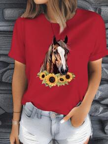 INAWLY Horse And Sunflower Print T-Shirt - Red - View 1
