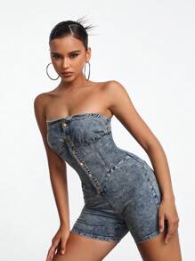 AVEEATION Designer Kvinnor Button Front Tube Cowgirl Denim Romper, för sommar, semester, festival - Blå - Visa 5