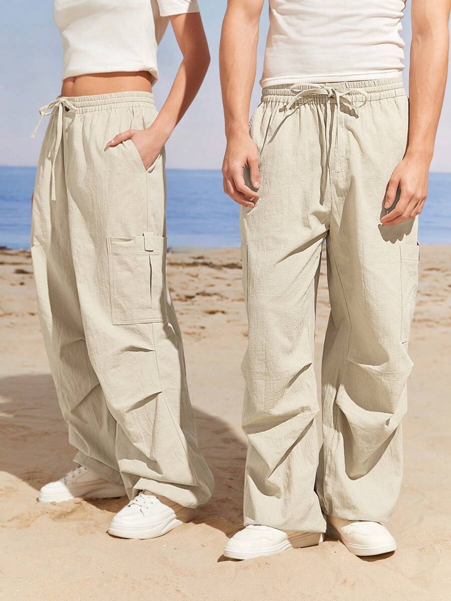 Manfinity VCAY Men's Casual Drawstring Waist Straight Leg Woven Pants - Apricot - View 1