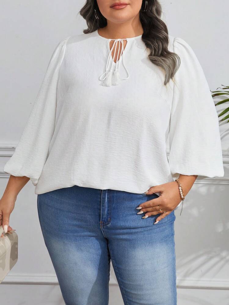 Plus Size Fringed Tie Neck Lantern Sleeve Blouse