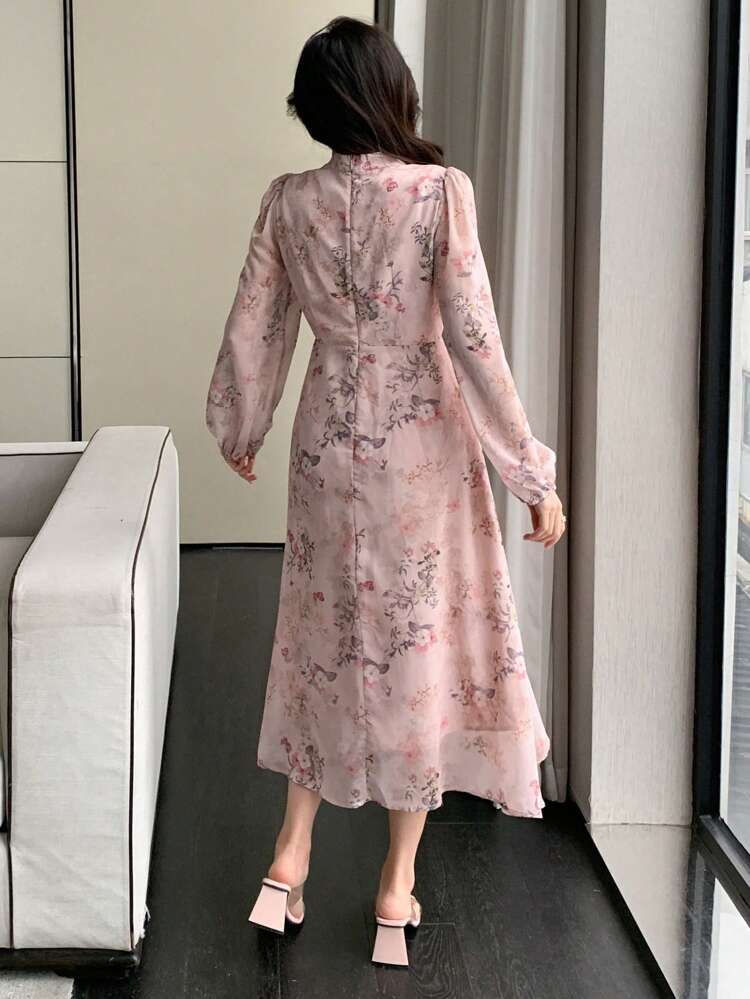 Vestido con estampado floral, cuello en V profundo, mangas farol, cintura imperio y abertura, vestido de otoño