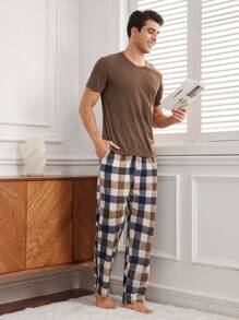 SHEIN Men's Solid Color Short-Sleeved Top & Plaid Pants Homewear Set - Coffee Brown - View 4