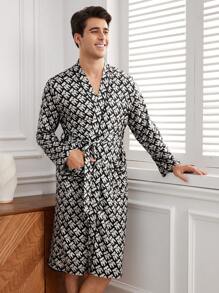 Men's Long Sleeve Homewear Robe With Letter Print - Black - View 1
