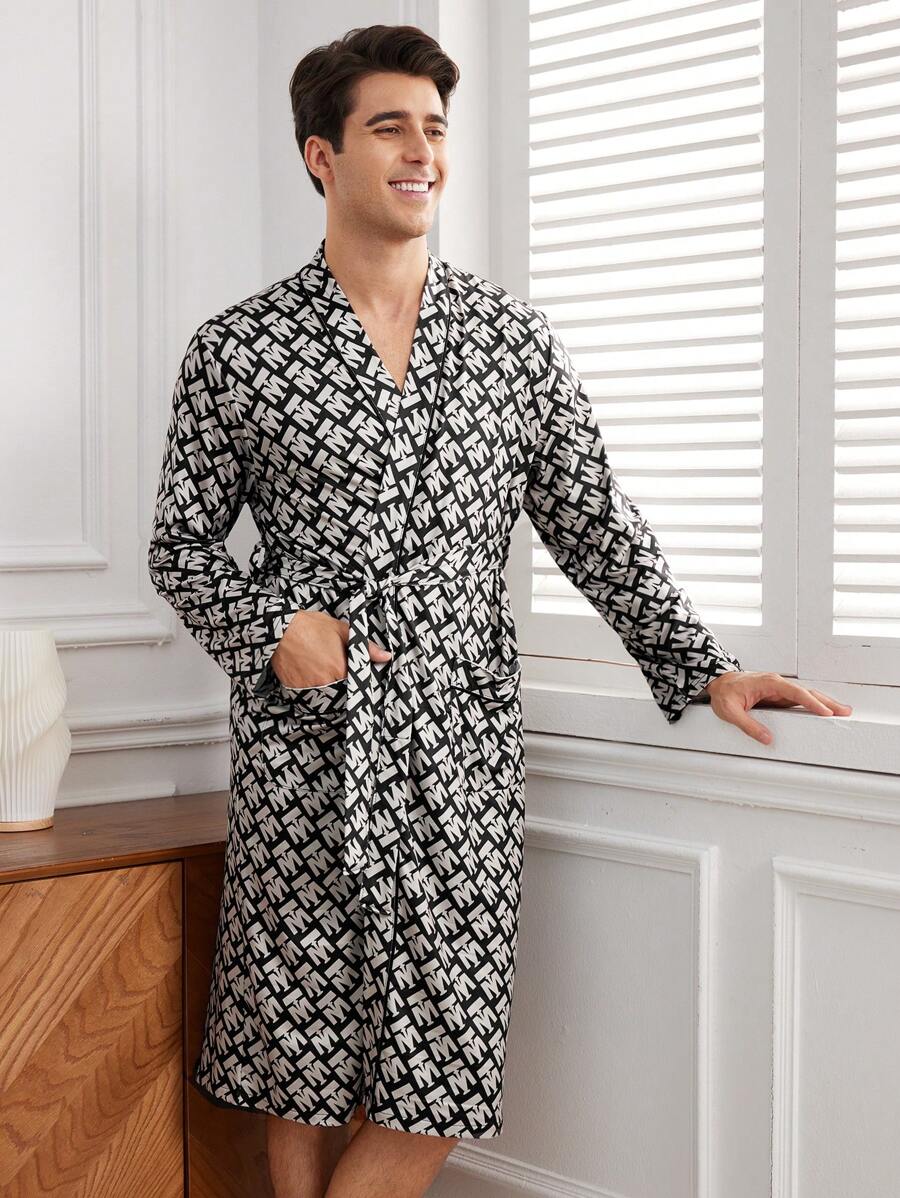 Men's Long Sleeve Homewear Robe With Letter Print - Black - View 1
