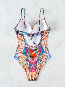 SHEIN Swim 女士豹纹拼接吊带连体泳衣，适合夏季、海滩、游泳、度假 - 彩色 - 查看 5