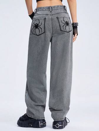 Grunge Punk Jeans estilo novio vintage desgastado para mujer, con bordado de araña en el bolsillo trasero, estilo punk, para la escuela