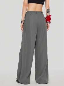 SHEIN EZwear Women's Cargo Solid Color Loose Fit Wide Leg Pants - Dark Grey - View 2