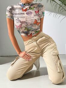 SHEIN EZwear 女性蝴蝶印花網眼緊身上衣,夾帶廣告語 - 卡其色 - 查看 6