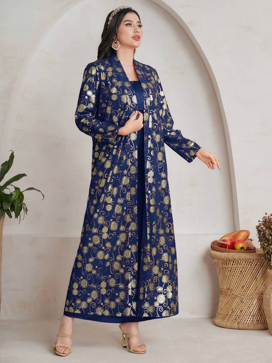 Al Najma Loose Fit Casual Abaya With Gold Foil Print, Muslim Fashion Abaya For Casual/Festival/Gathering/Travel - Navy Blue - View 1