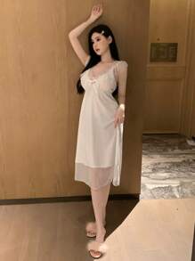 DAZY Women Romantic Mesh Lace Splicing Ruffle Trim Backless Nightgown Pajama - White - View 8