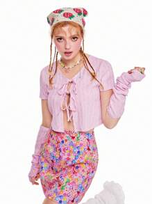 SHEINNeu 有趣的多巴胺透明紋理袖口前中心綁帶上衣