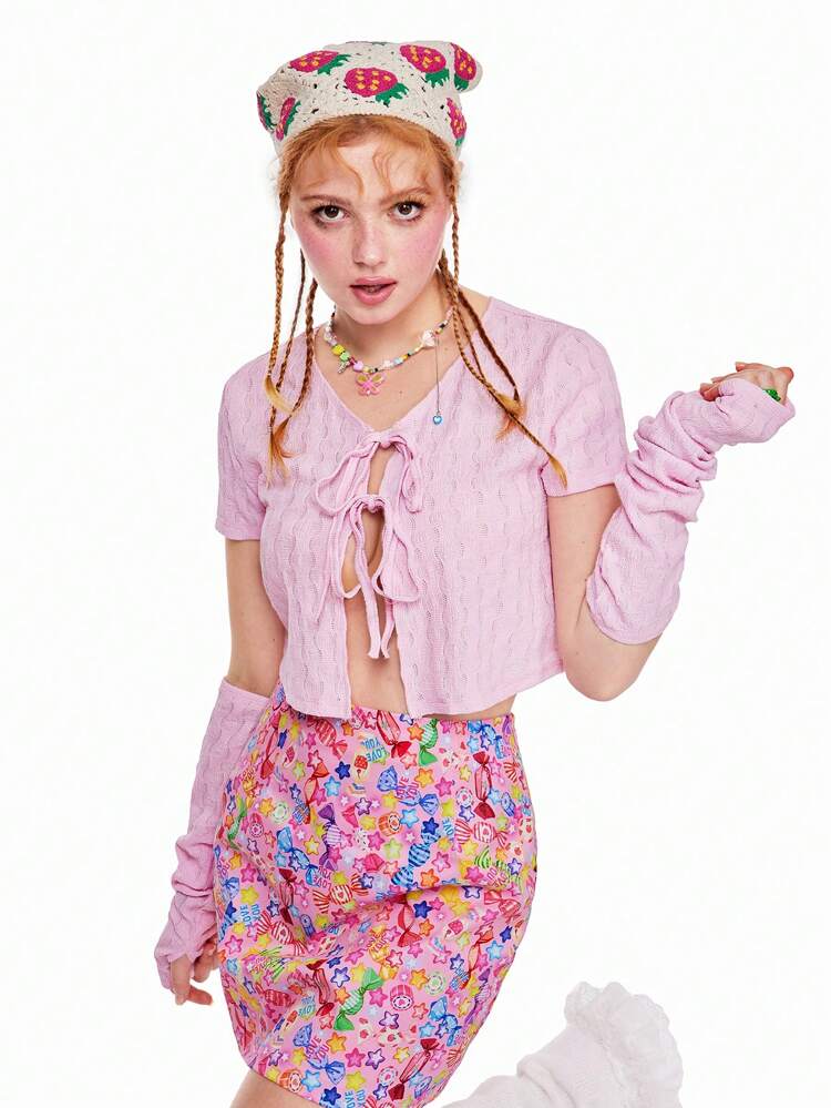 Quirky Fun Dopamine  See-Through Textured Sleeve Front Center Lace-Up Top