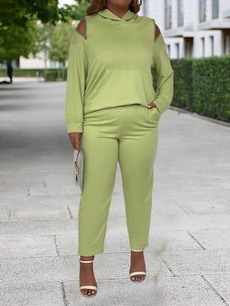Plus Size Women's Cold Shoulder Hoodie And Pants Set